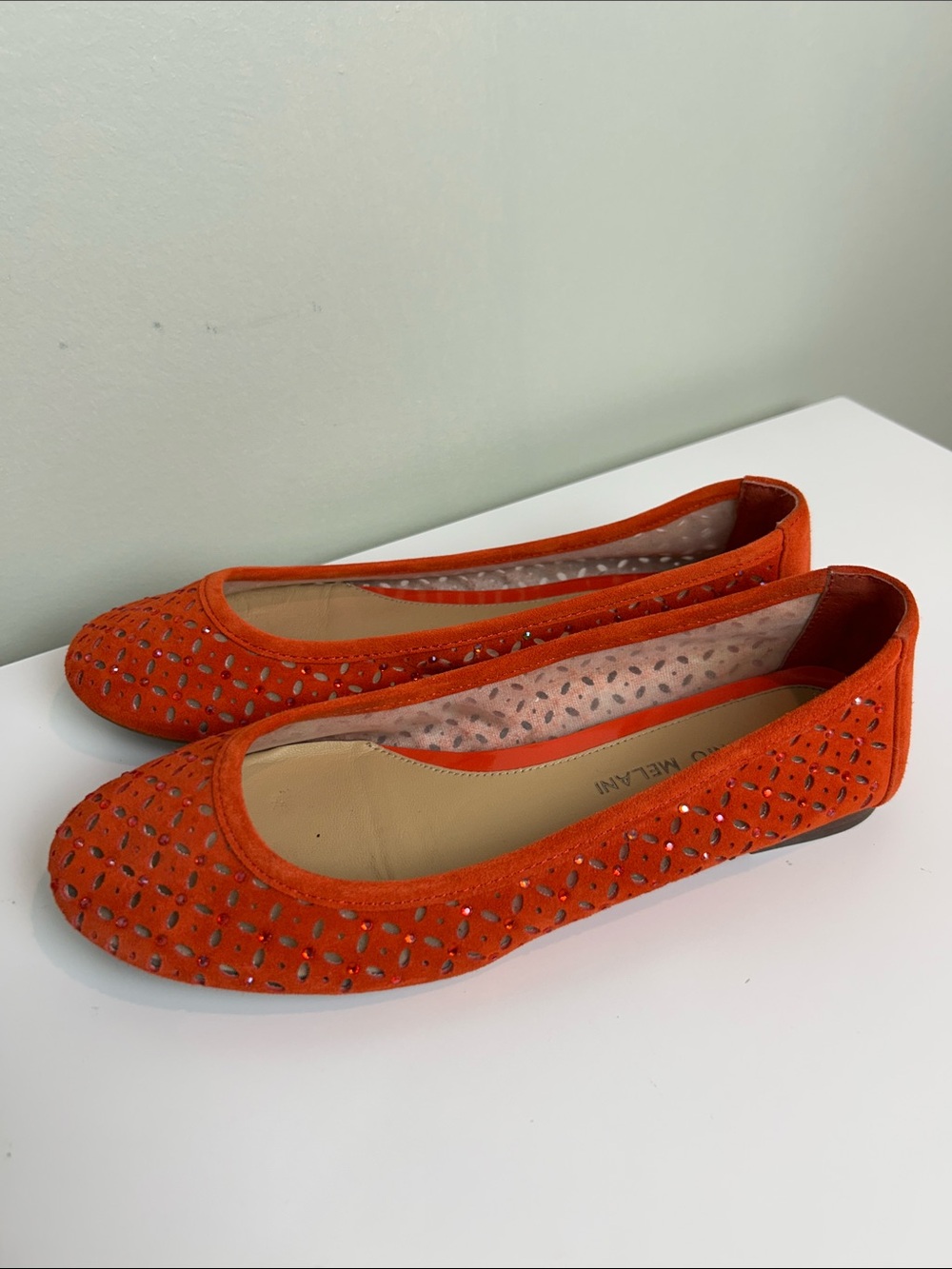 Antonio Melani Orange Suede Rhinestone Laser Cut Ballet Flats 7M